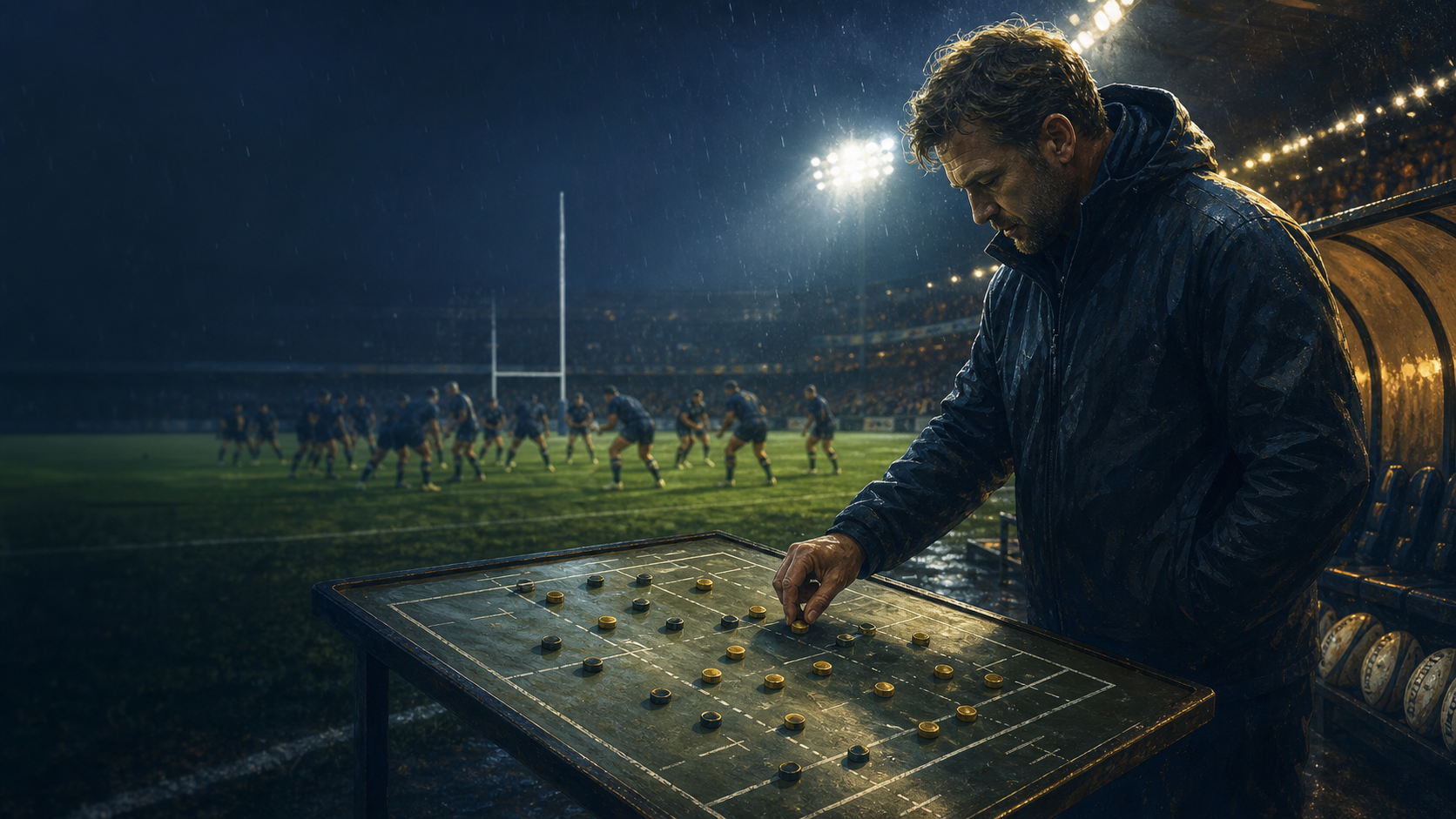 Un entraîneur de rugby déplace les pions de son tableau tactique au bord d’un terrain sous la pluie.