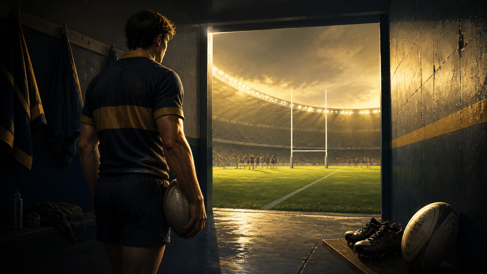 Un jeune rugbyman quitte le tunnel des vestiaires et regarde le terrain éclairé qui l’attend.